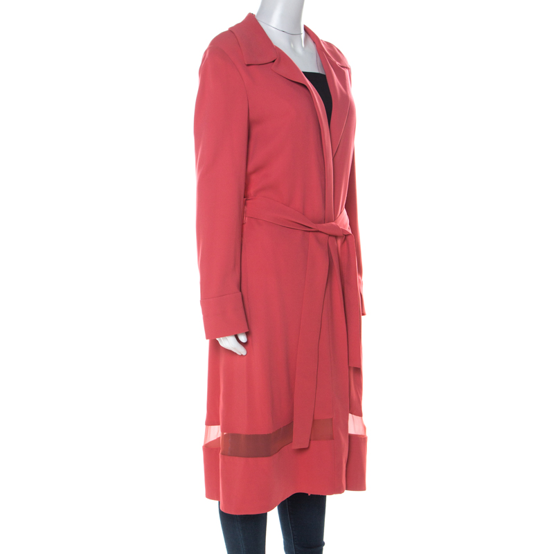 

Alberta Ferretti Coral Pink Sheer Panel Insert Belted Long Coat