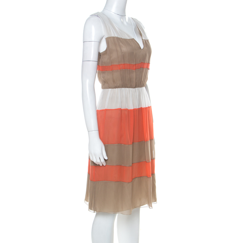 

Alberta Ferretti Colorblock Striped Silk Pleated Sleeveless Dress, Multicolor