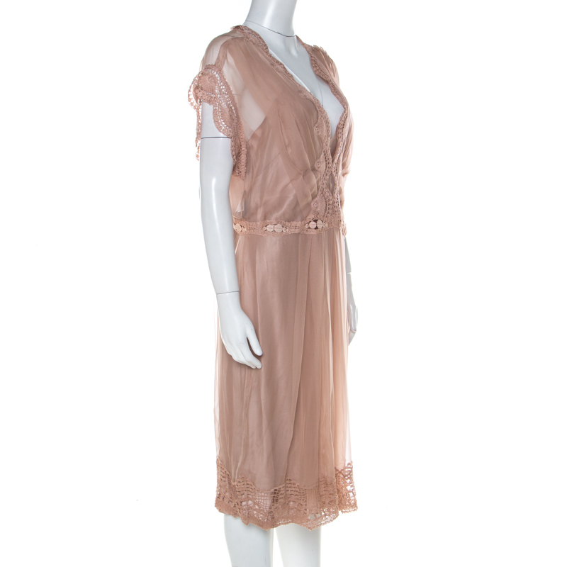 

Alberta Ferretti Blush Pink Silk Chiffon Lace Detail Dress