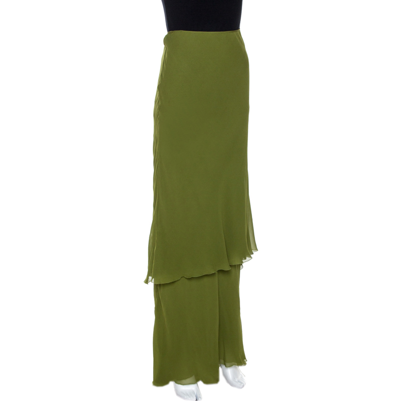 

Alberta Ferretti Green Silk Crepe Tiered Skirt