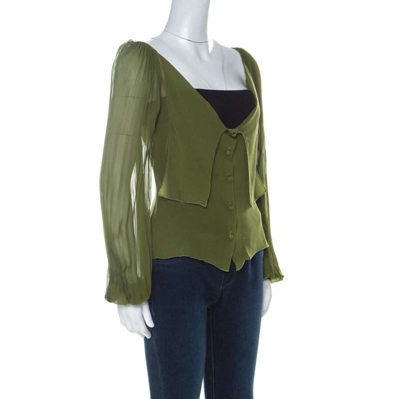 

Alberta Ferretti Olive Green Silk Pleated Sleeve Detail Button Front Blouse