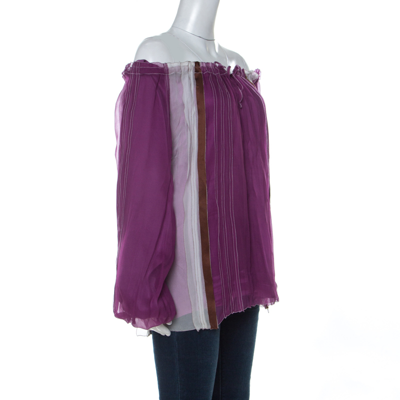 

Alberta Ferretti Purple Brown and White Silk Chiffon Off Shoulder Blouse