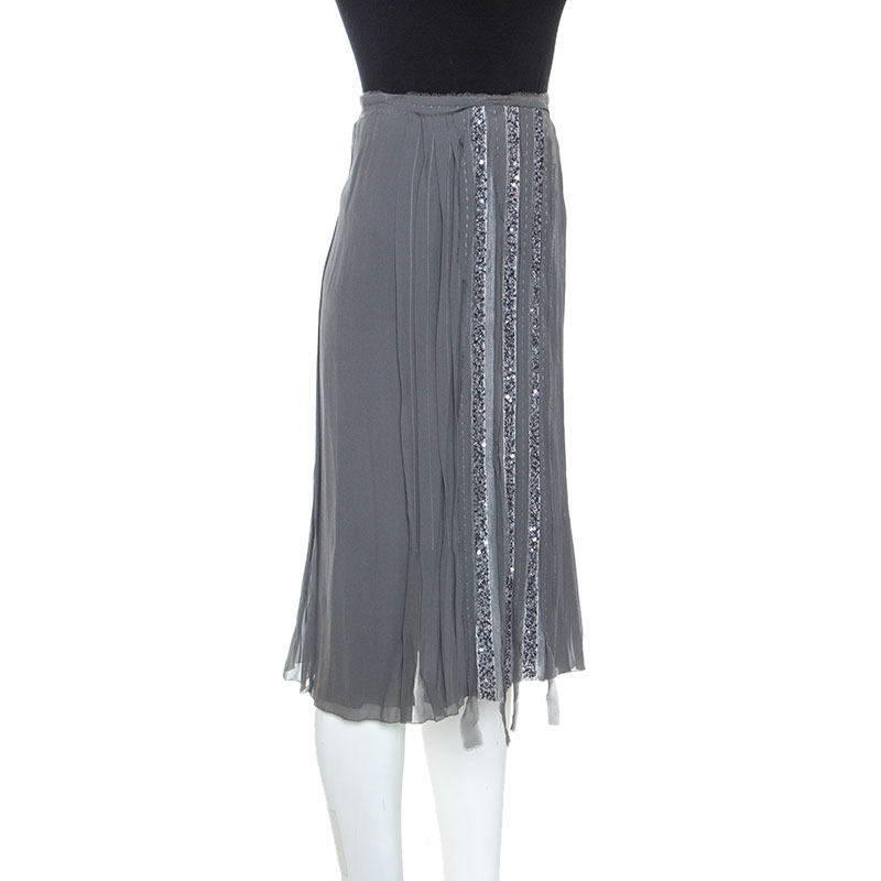 Pre-owned Alberta Ferretti Grey Silk Sequin Embellished Pleated Midi Skirt S