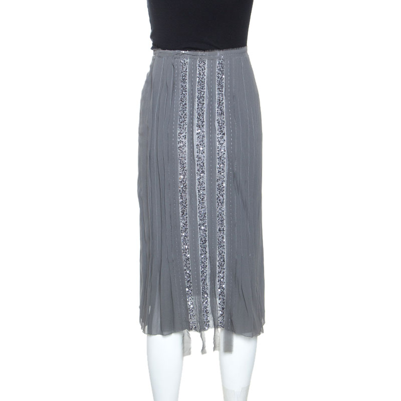 Pre-owned Alberta Ferretti Grey Silk Sequin Embellished Pleated Midi Skirt S
