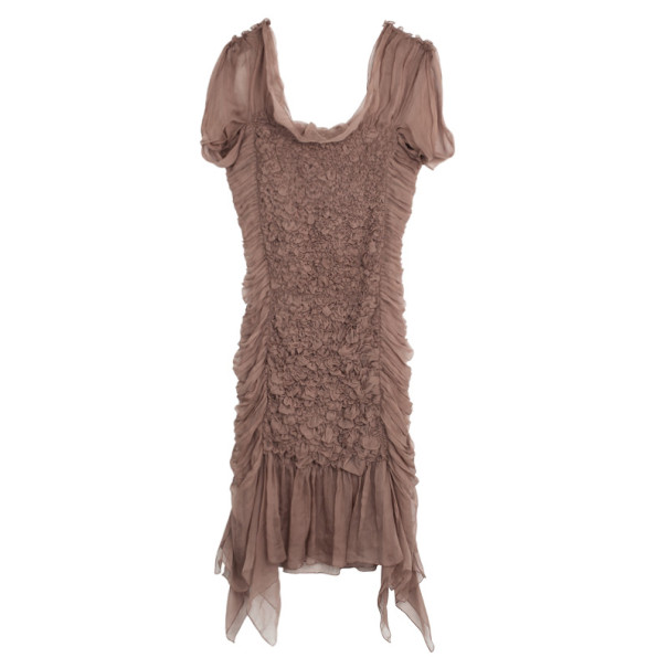 Pre Owned Alberta Ferretti Silk Beige Ruffled Dress M