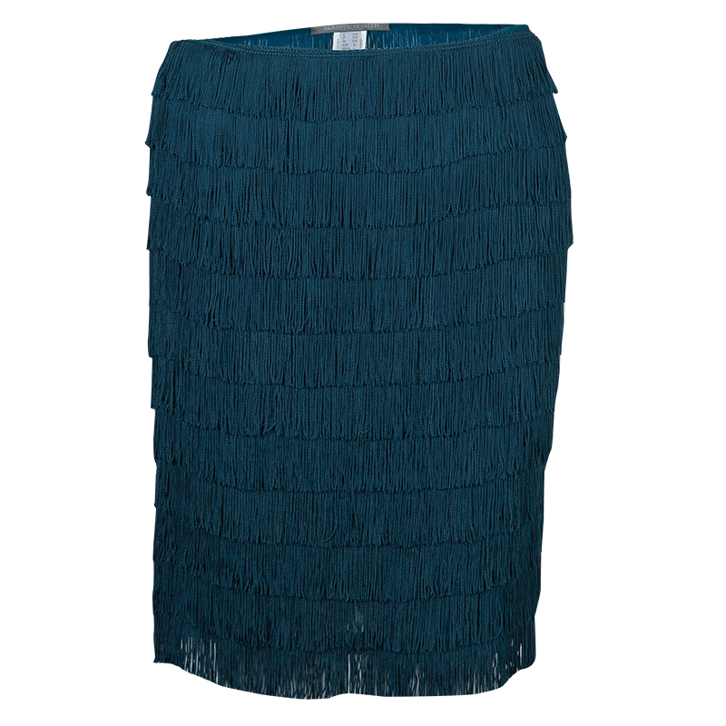 Pre Owned Alberta Ferretti Peacock Blue Fringed Skirt S