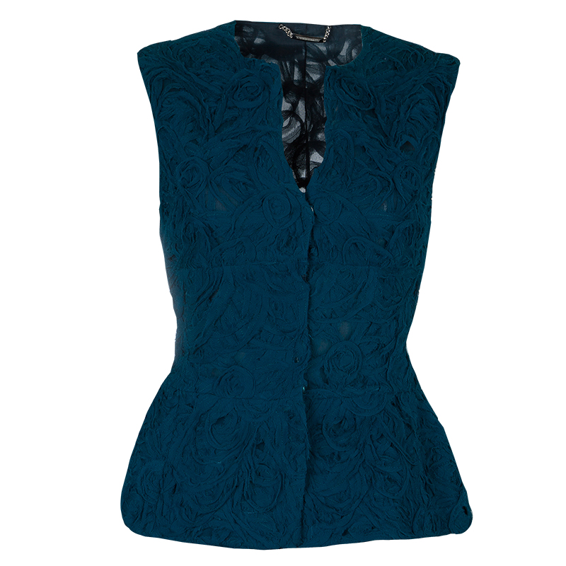 Alberta Ferretti Peacock Blue Rose Applique Texture Detail Sleeveless Peplum Jacket S
