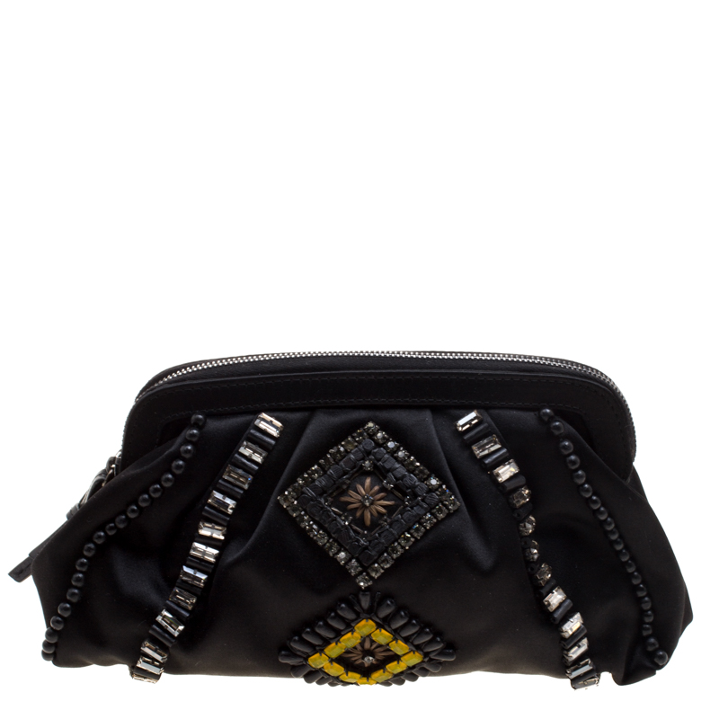 Pre Owned Alberta Ferreti Black Satin Beads Embellished Clutch