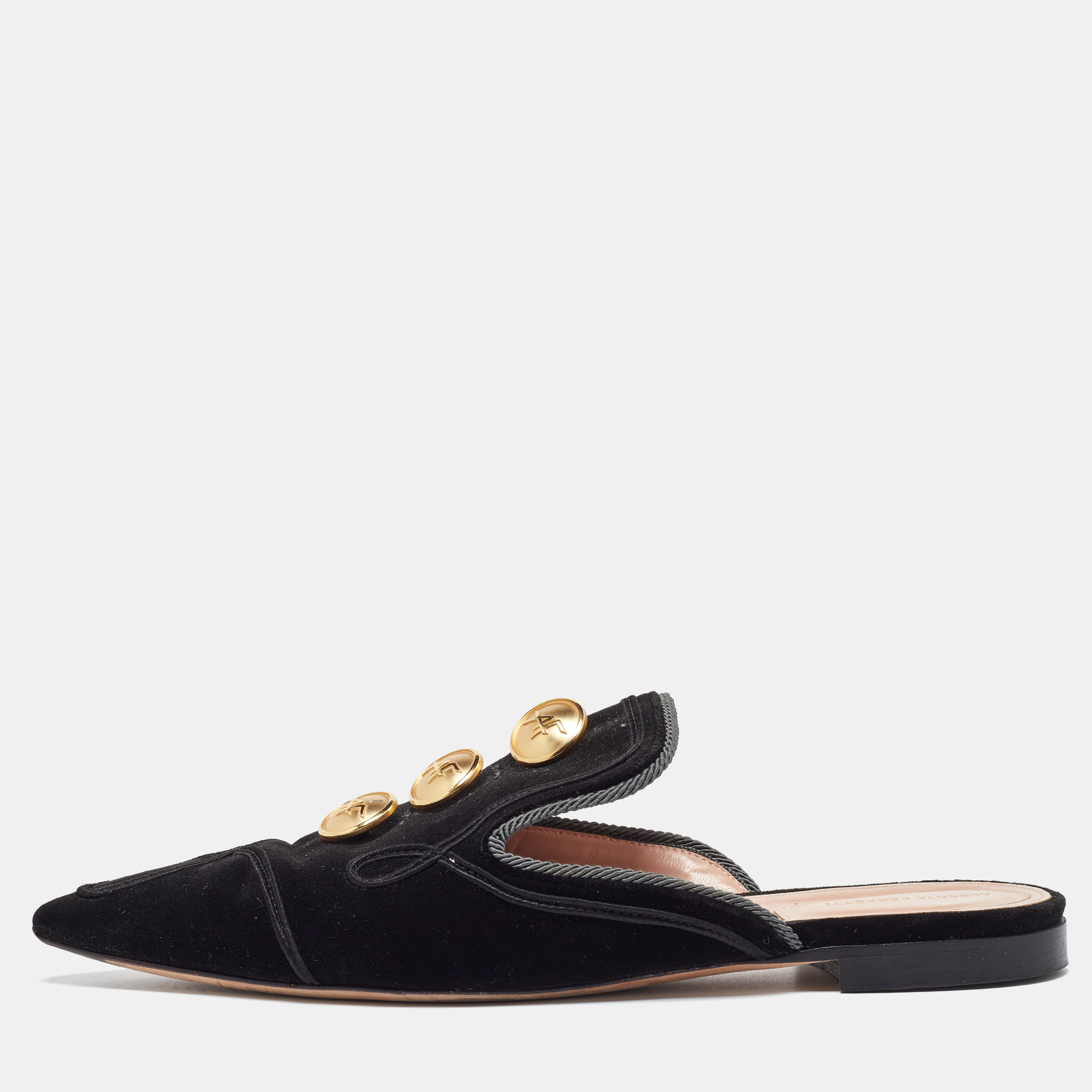 

Alberto Fermani Black Velvet Buttons Embellished Flat Mules Size