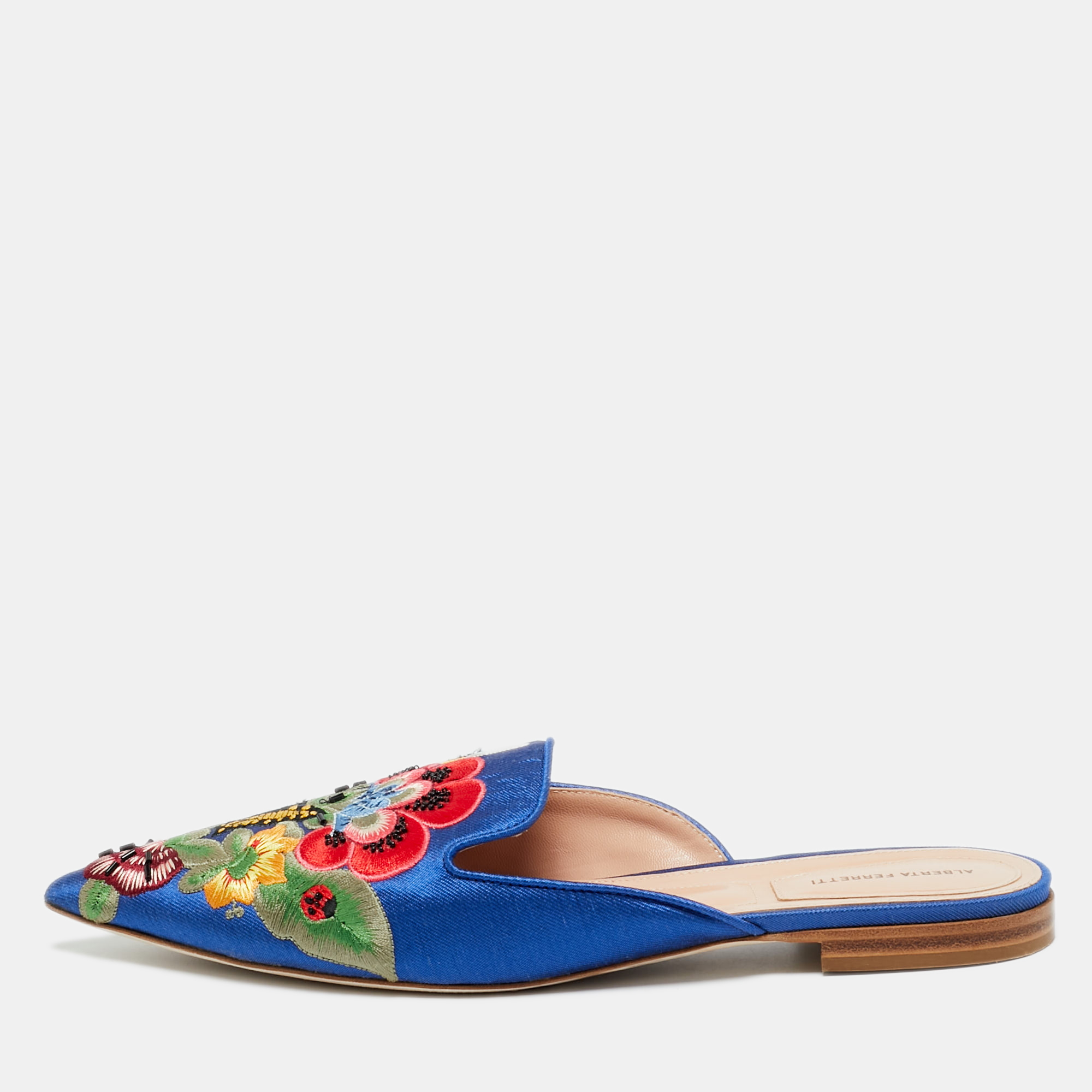 ALBERTO FERMANI Pre-owned Blue Canvas Floral Embroidered Mules Size 38