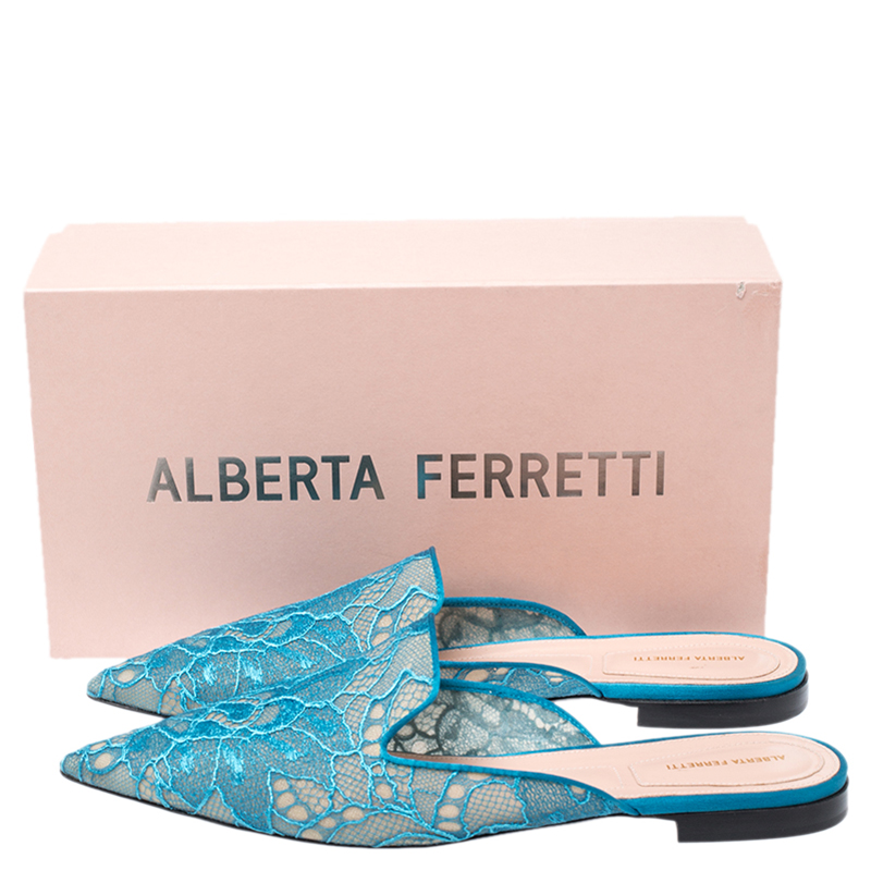 Pre-owned Alberta Ferretti Blue Lace And Satin Trim Flat Mules Size 40