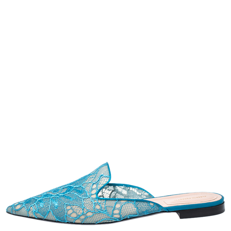 Pre-owned Alberta Ferretti Blue Lace And Satin Trim Flat Mules Size 40