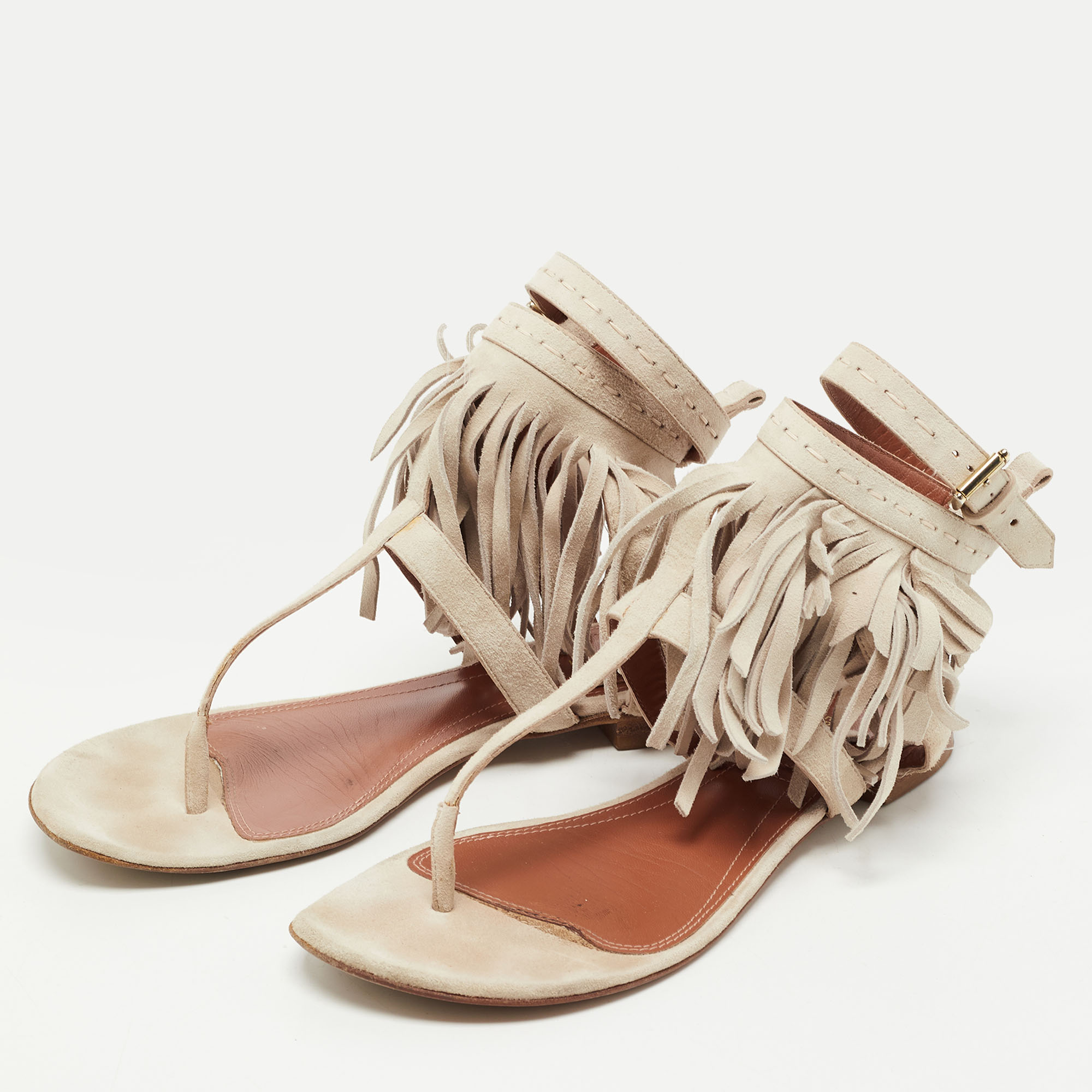 

Alberta Ferretti Grey Fringe Detail Ankle Strap Flat Sandals Size