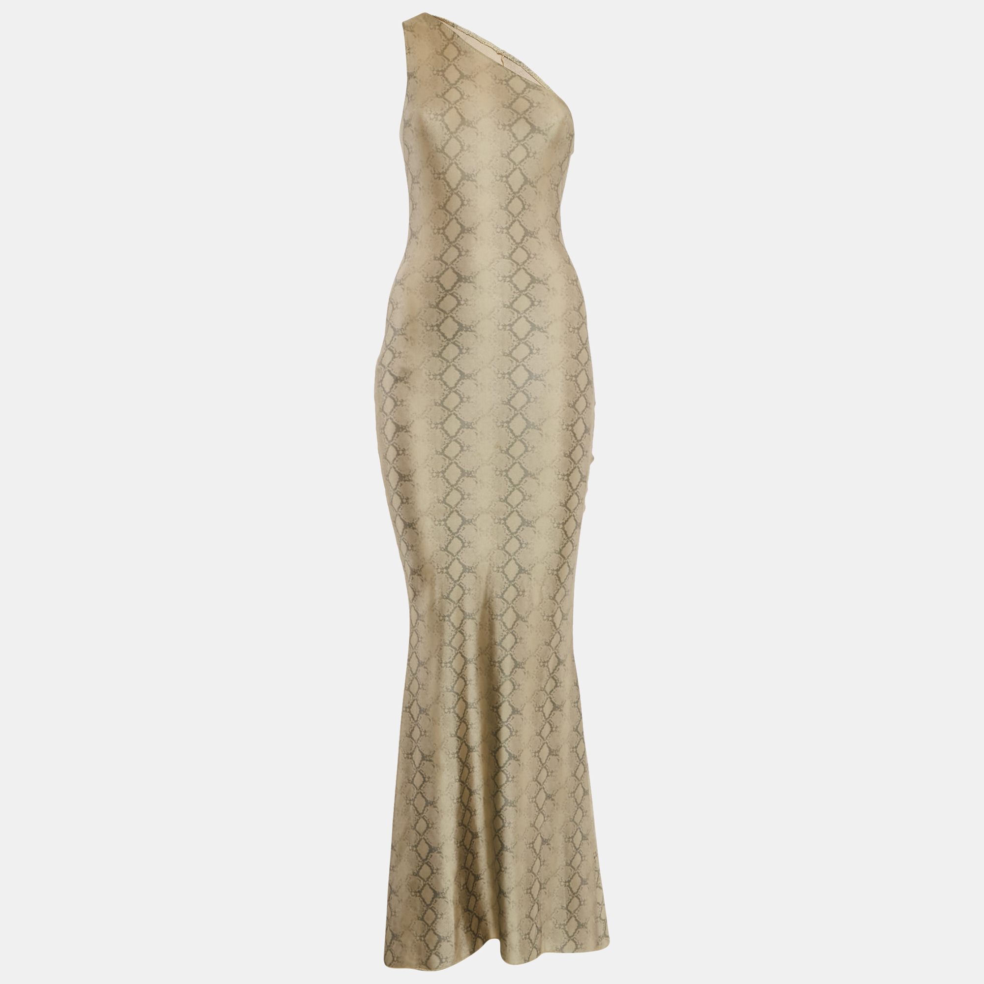 

Alek Adorian Couture Beige Snake Print Jersey Asymmetric One-Shoulder Maxi Dress S