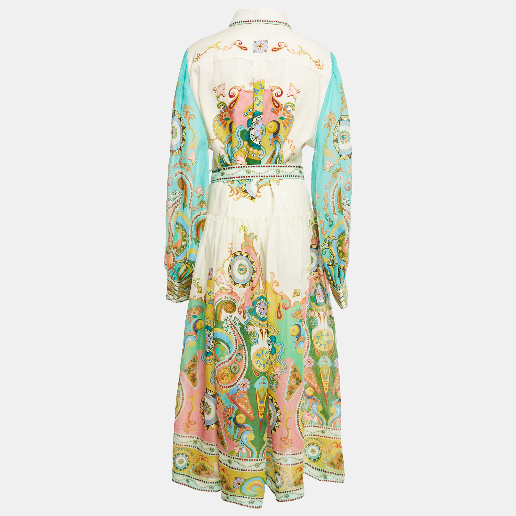 ALEMAIS Multicolor Printed Ramie Pinball Shirt Dress L 