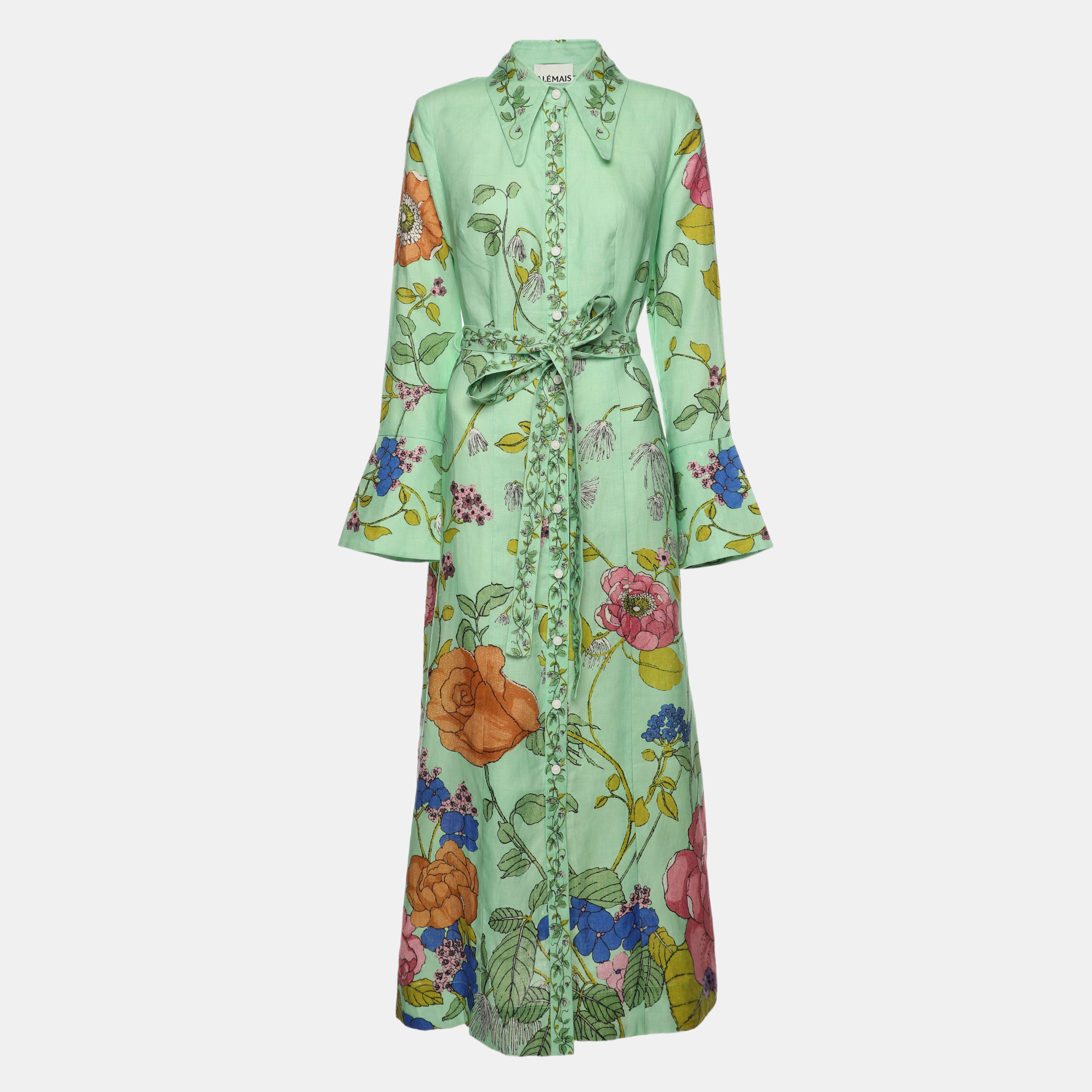 

Alemais Green Olivia Floral Print Linen Shirt Maxi Dress M