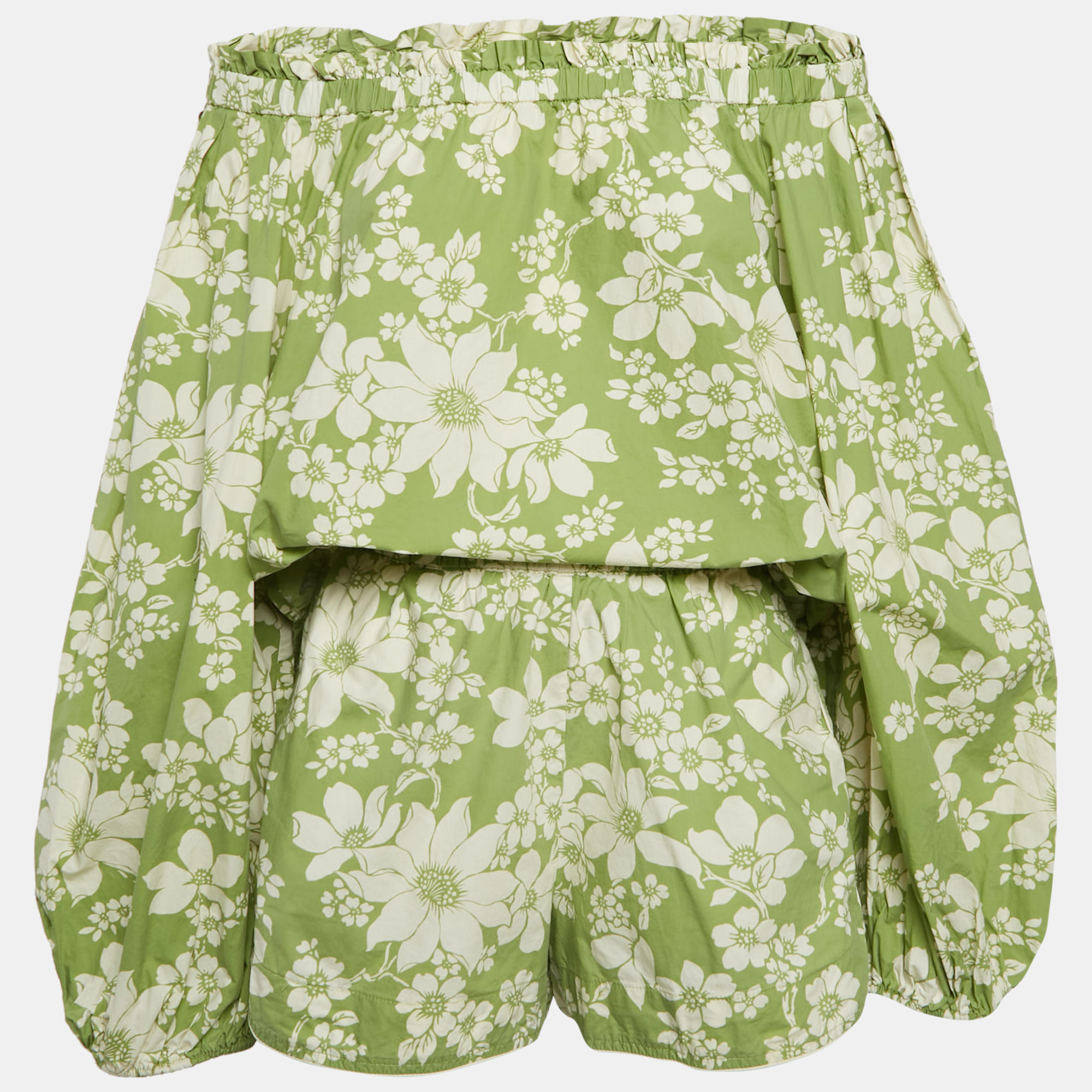 

Alemais Green Floral Print Cotton Printed Off-Shoulder Top and Shorts Set M