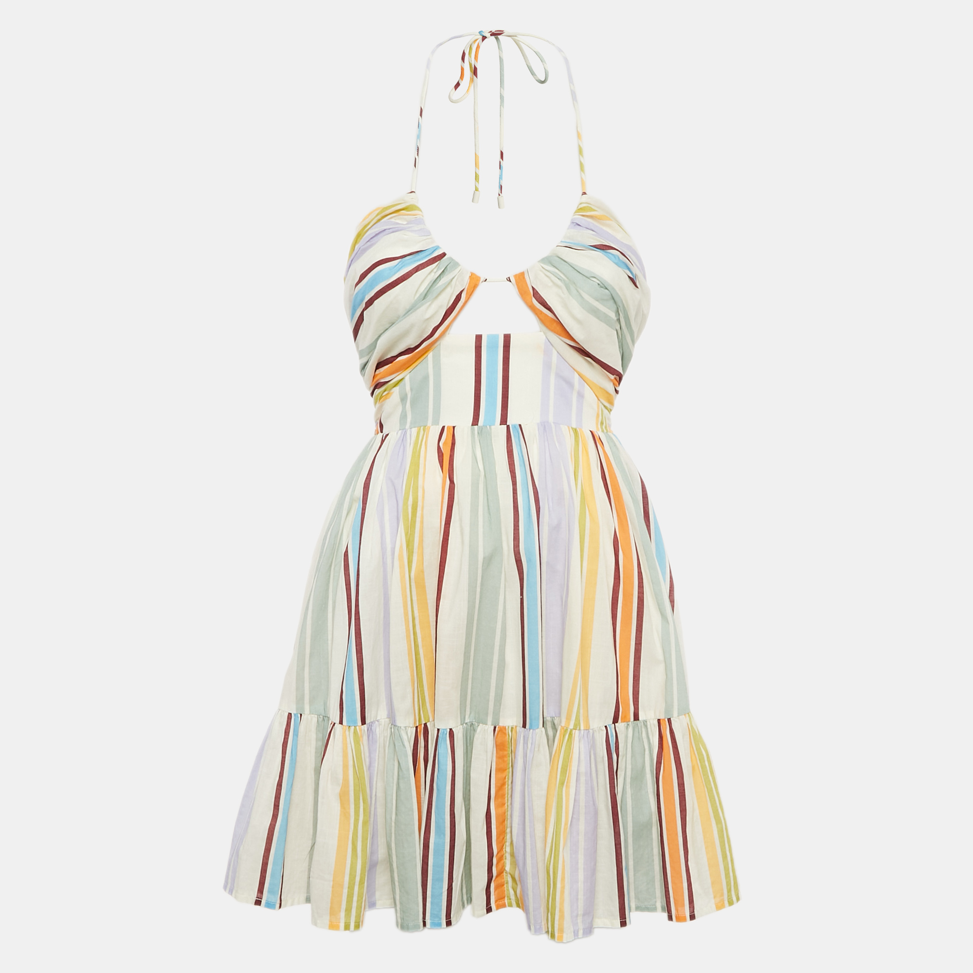 

Alemais Multicolor Stripe Print Cotton Halter Neck Mini Axum Dress M