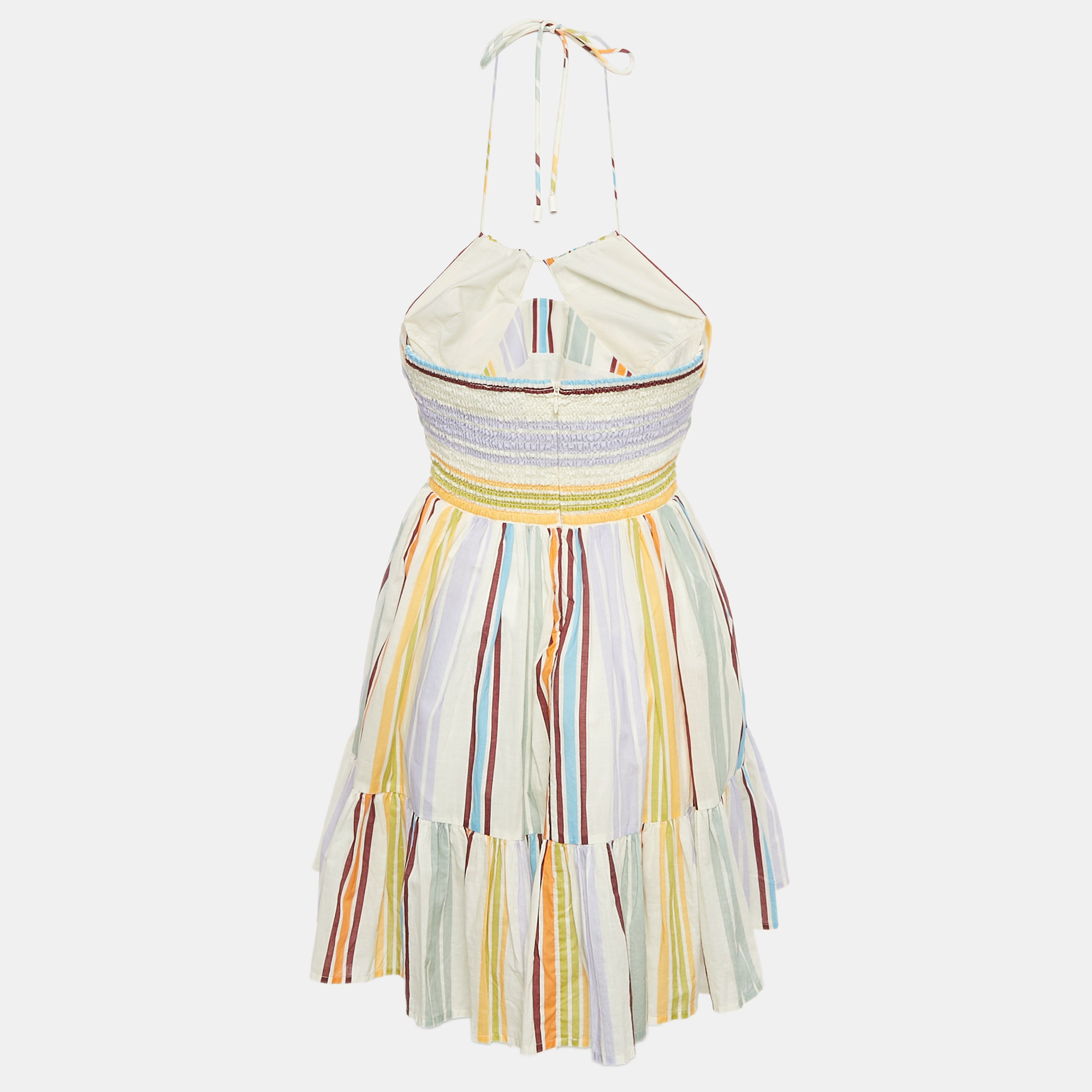 Alemais Multicolor Stripe Print Cotton Halter Neck Mini Axum Dress M 
