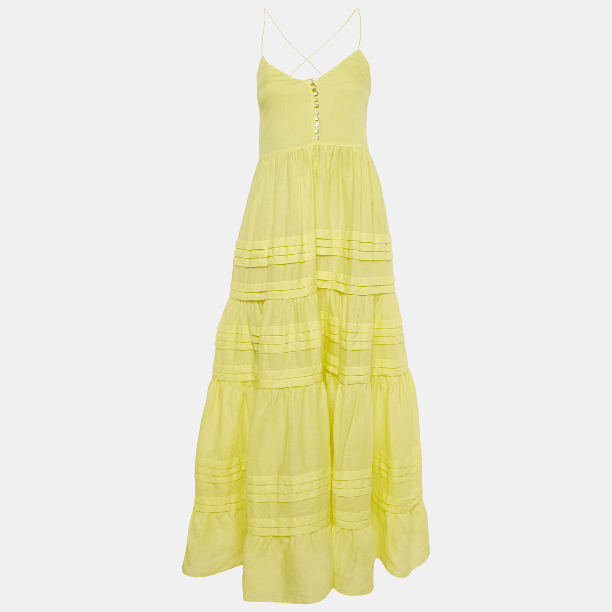 

Alemais Yellow Ramie Fluer Tiered Maxi Dress S