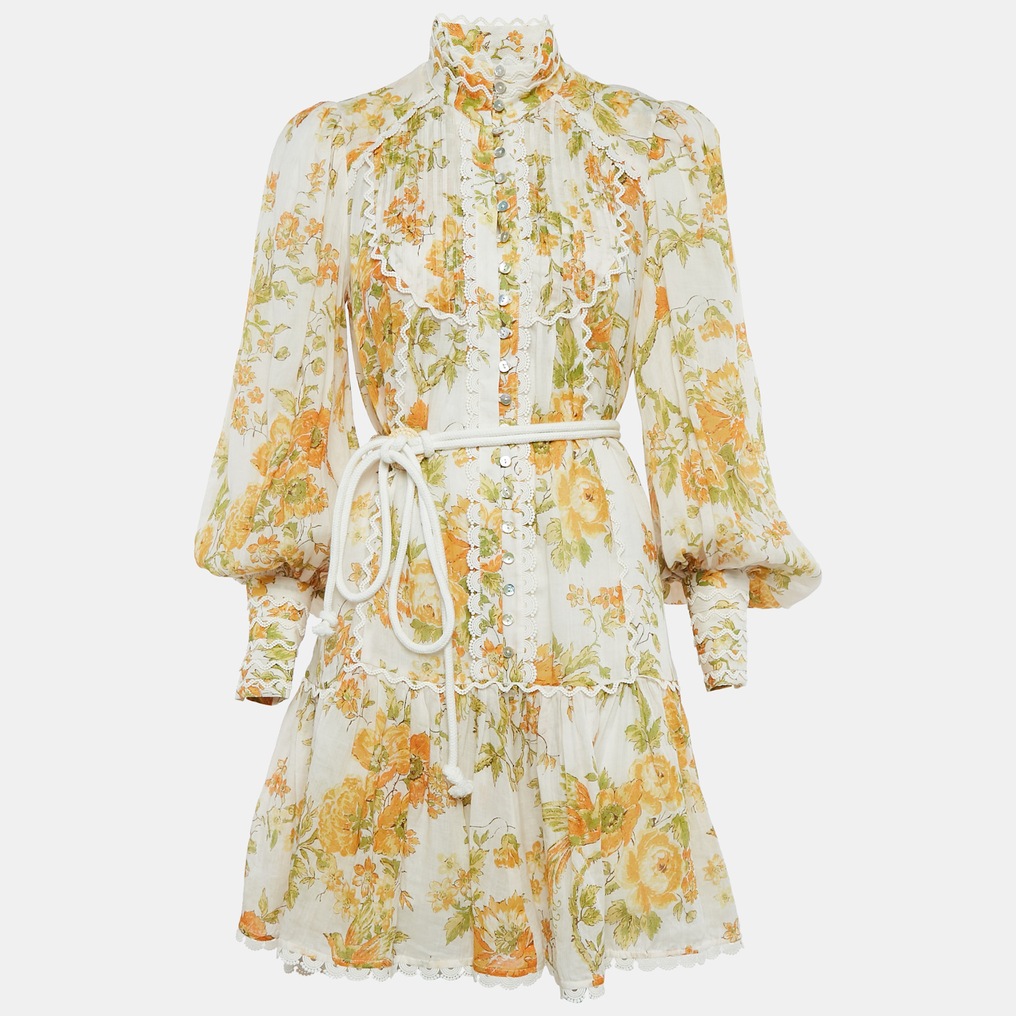 

Alemais Yellow/Multicolor Floral Print Ramie Belted Flounce Mini Dress M