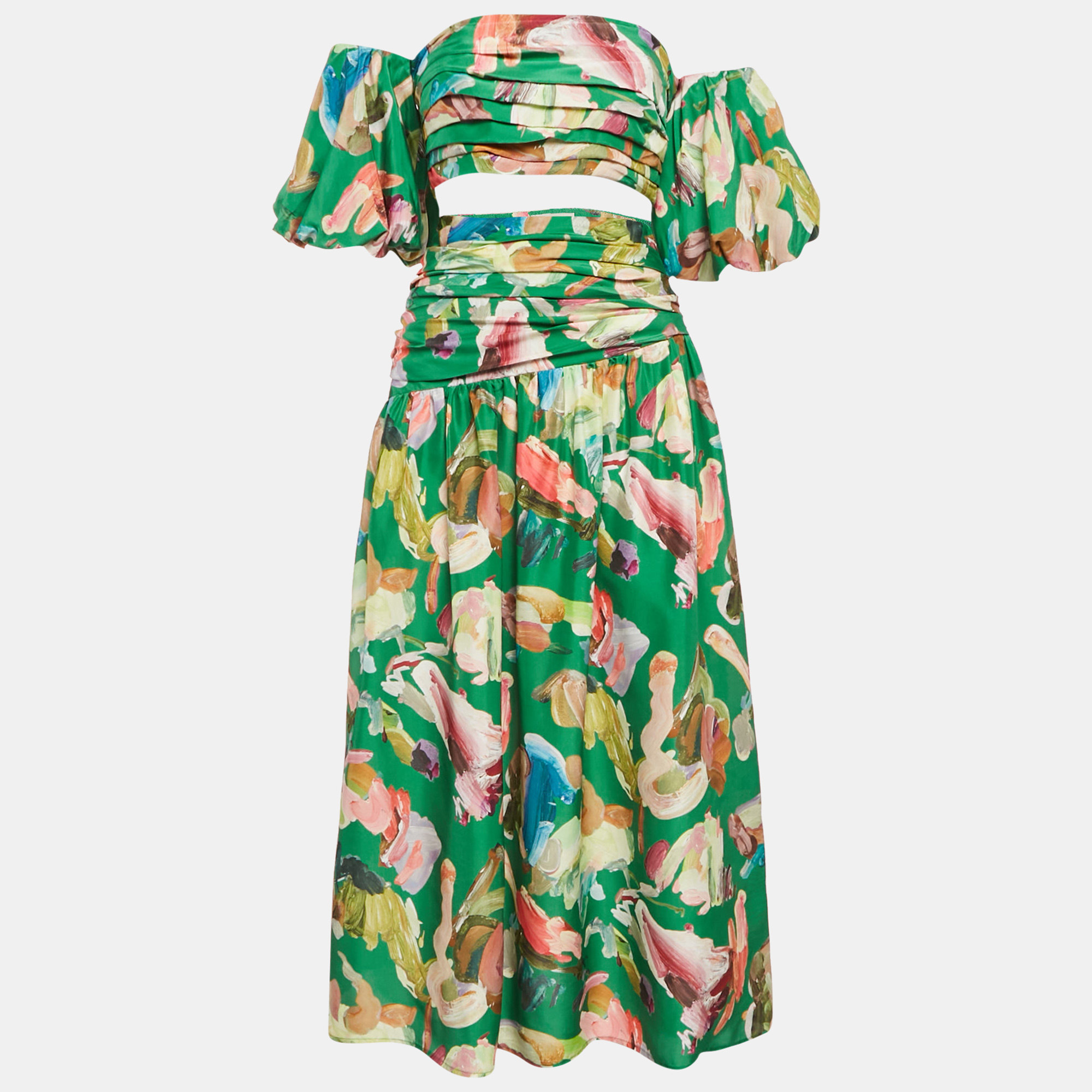 

Alemais Green Abstract Print Silk Arlo Top and Midi Skirt Set M