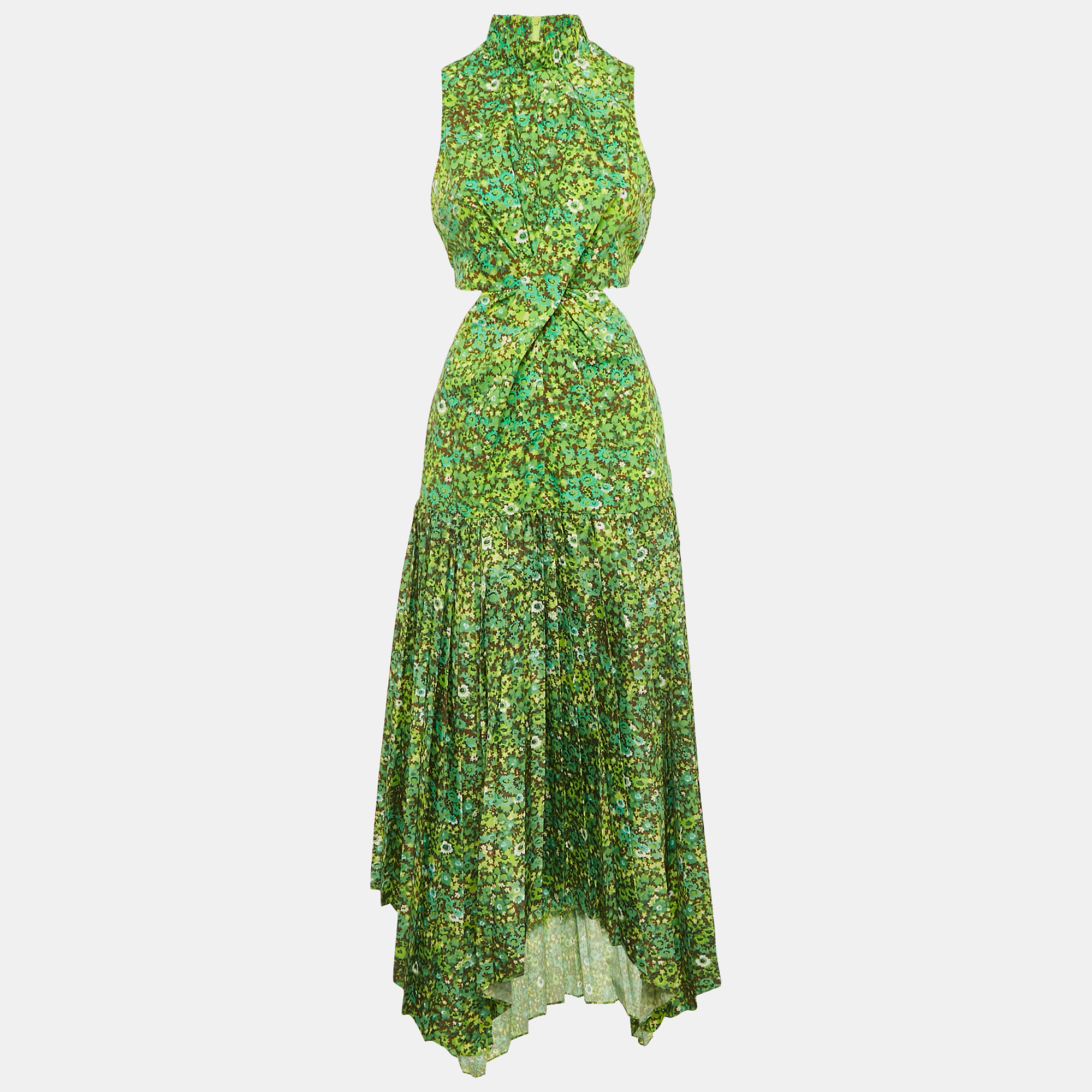 

Alemais Green Abstract Print Cotton Asymmetric Cut-Out Dress M