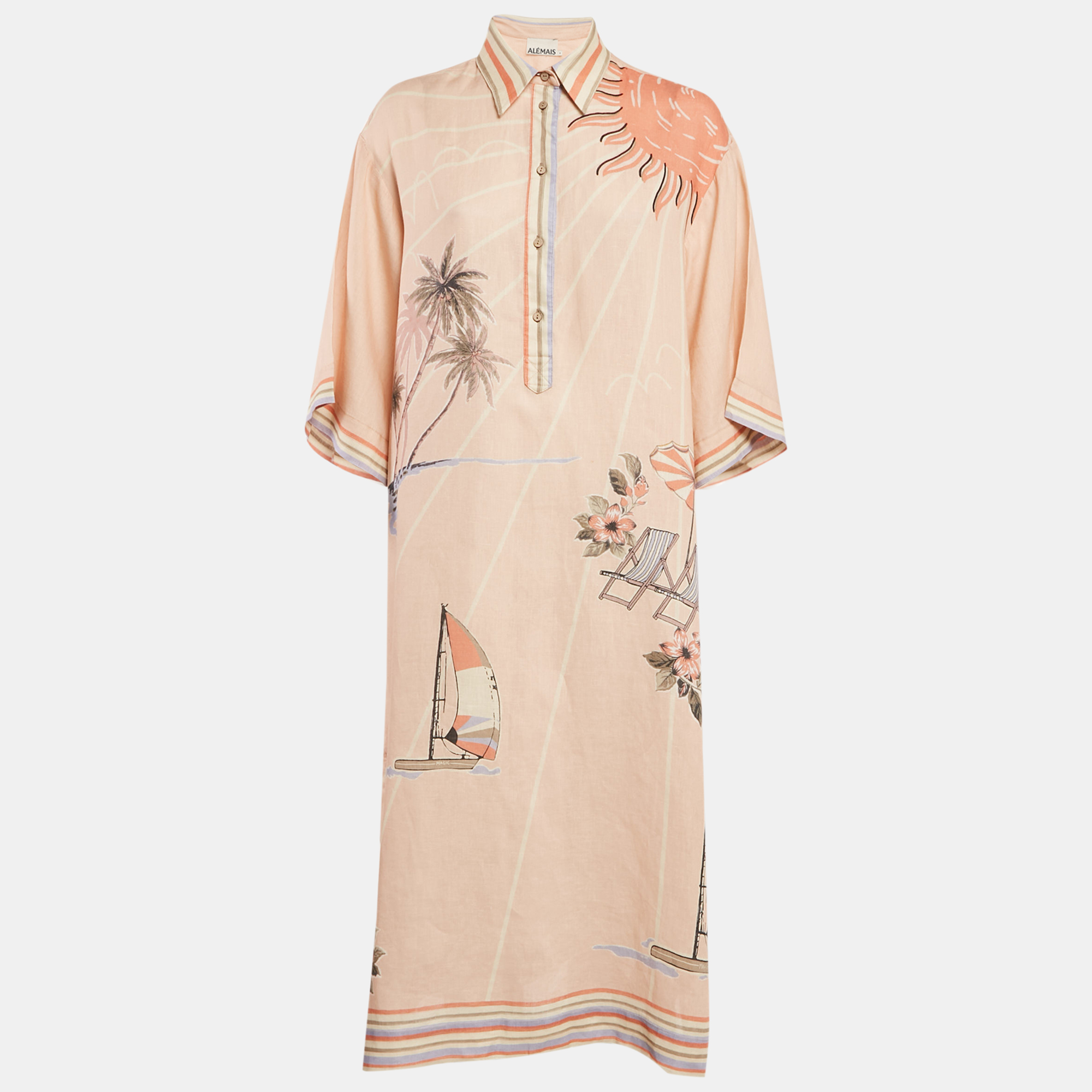 

Alemais Pink Marina Print Linen Long Shirt Dress XS