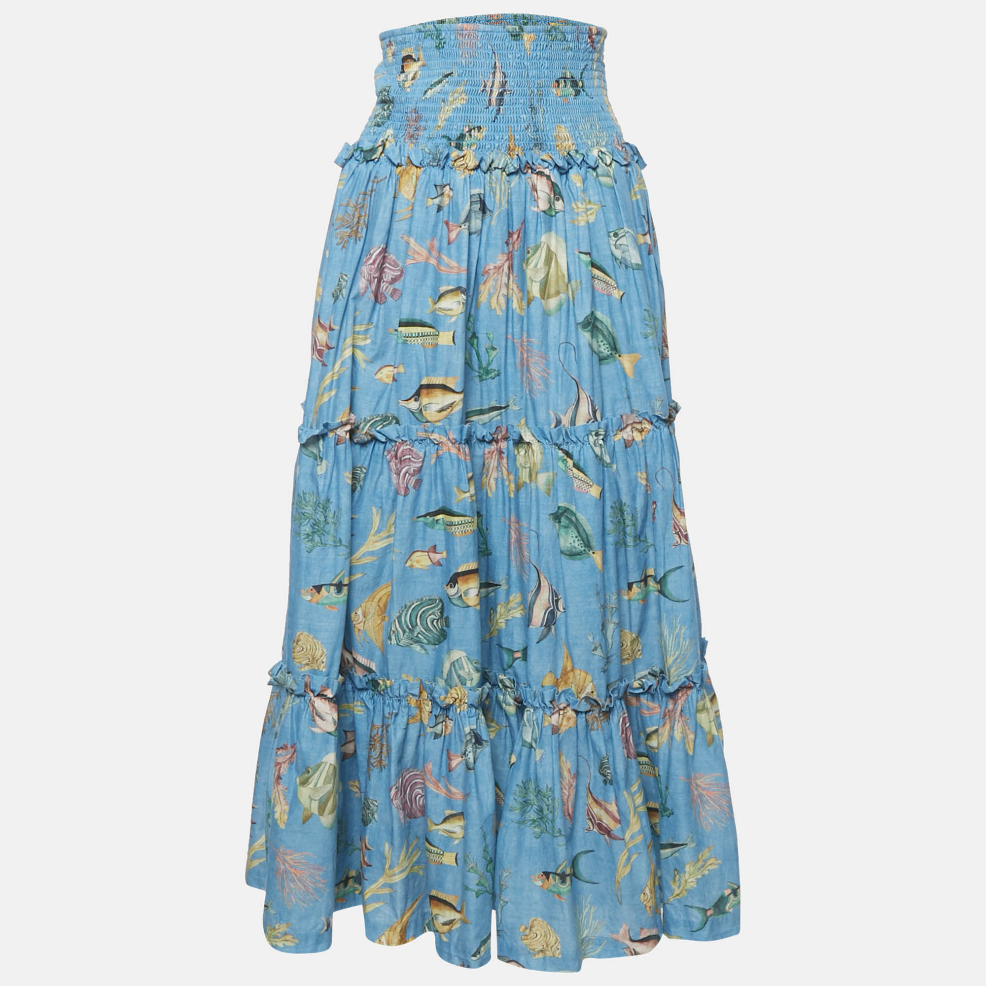 

Alemais Blue Fish Print Cotton Tiered Maxi Skirt M