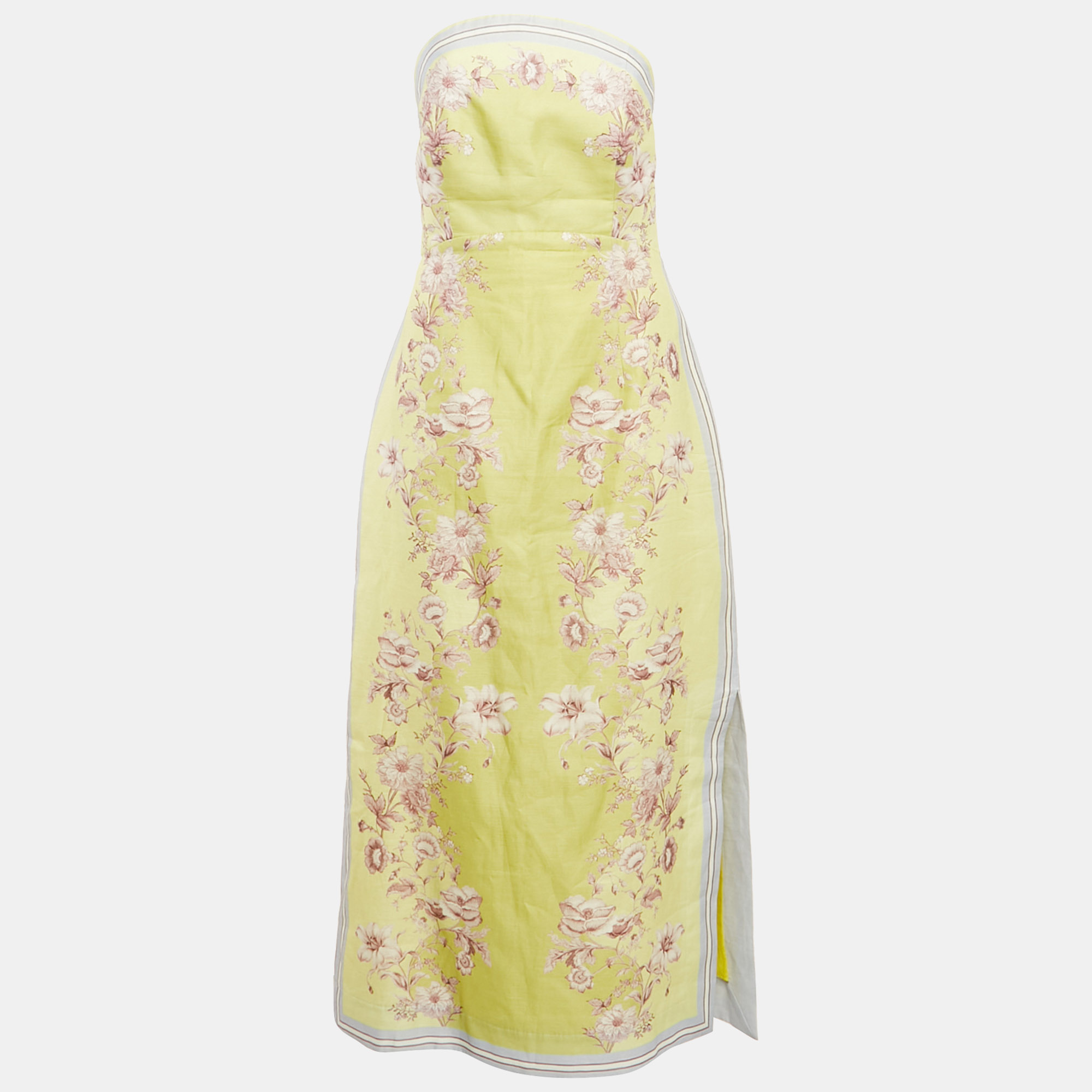 

Alemais Green Floral Print Silk Blend Strapless Midi Dress M