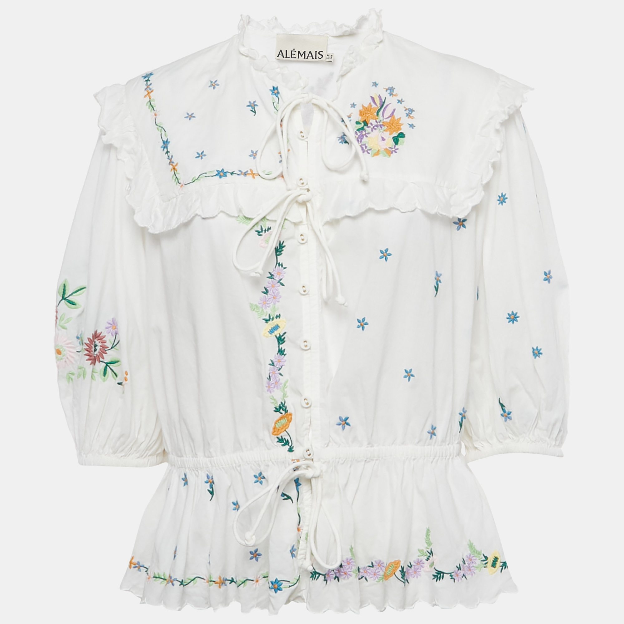 Alemais White Floral Embroidery Cotton Ruffled Blouse L