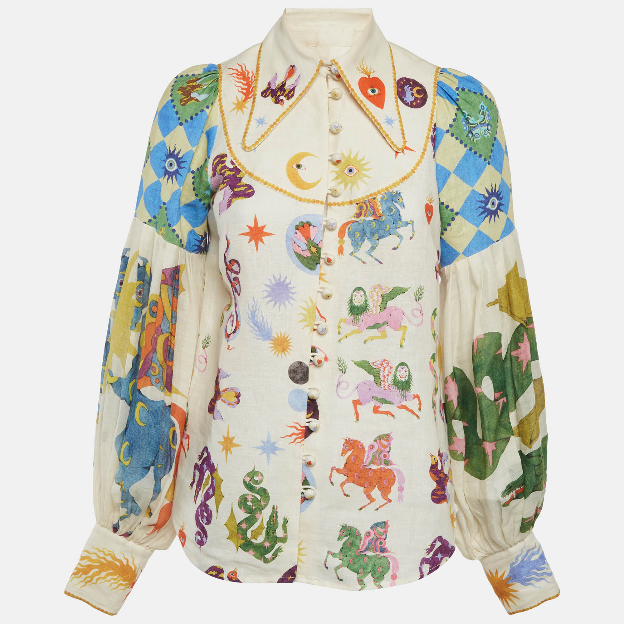

Alémais Cream All-Over Graphic Print Linen Lou Balloon Sleeve Shirt S