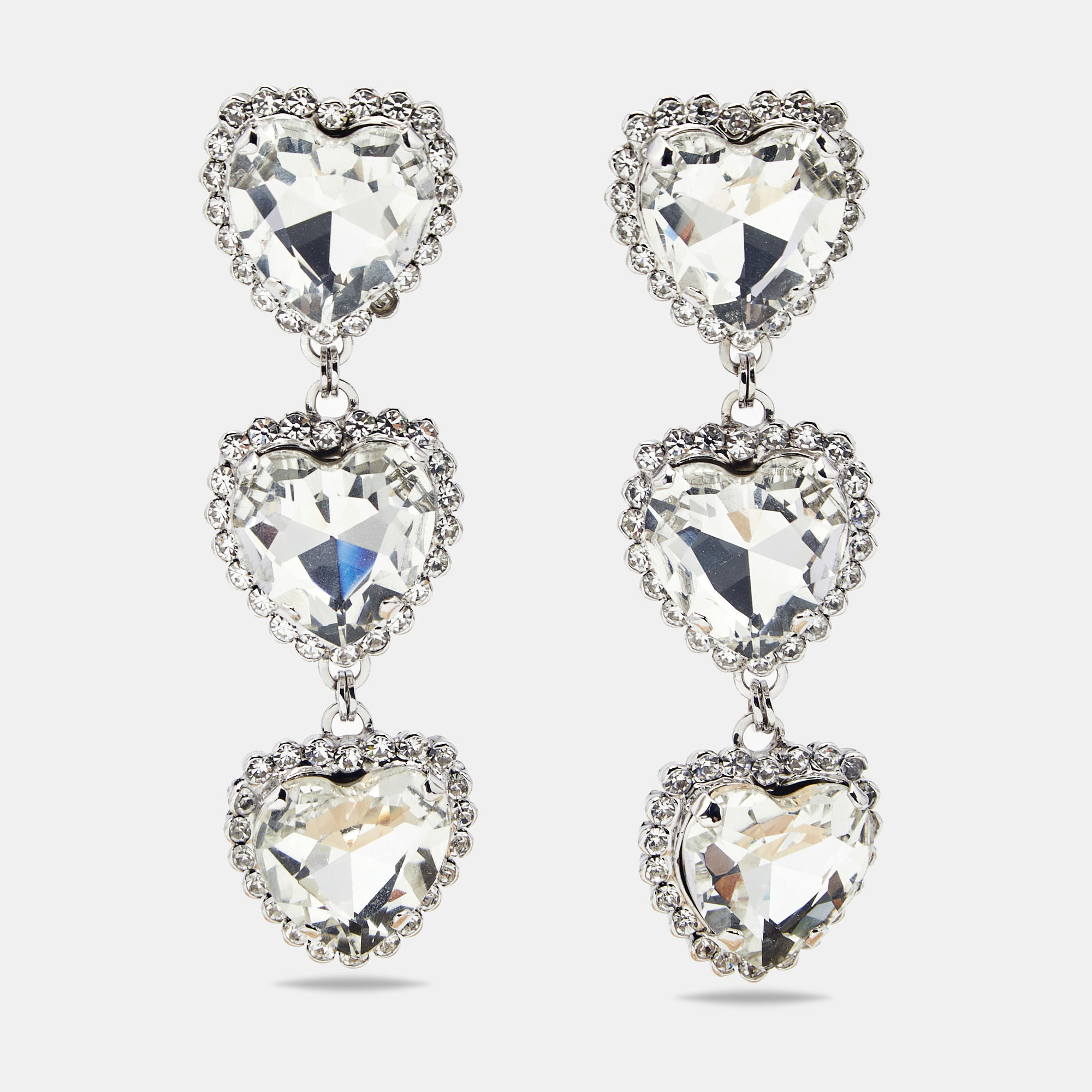 Pre-owned Alessandra Rich Hearts Crystals Silver Tone Drop Earrings