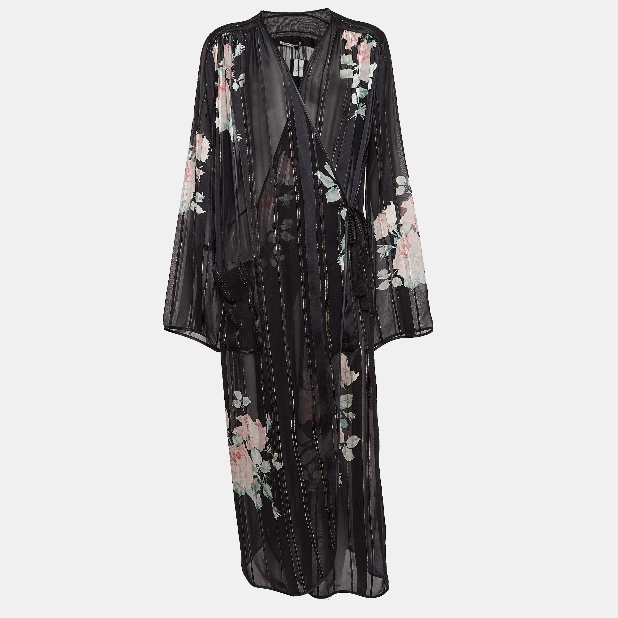 

Alessandra Rich Black Floral Print Lurex Silk Maxi Wrap Dress M