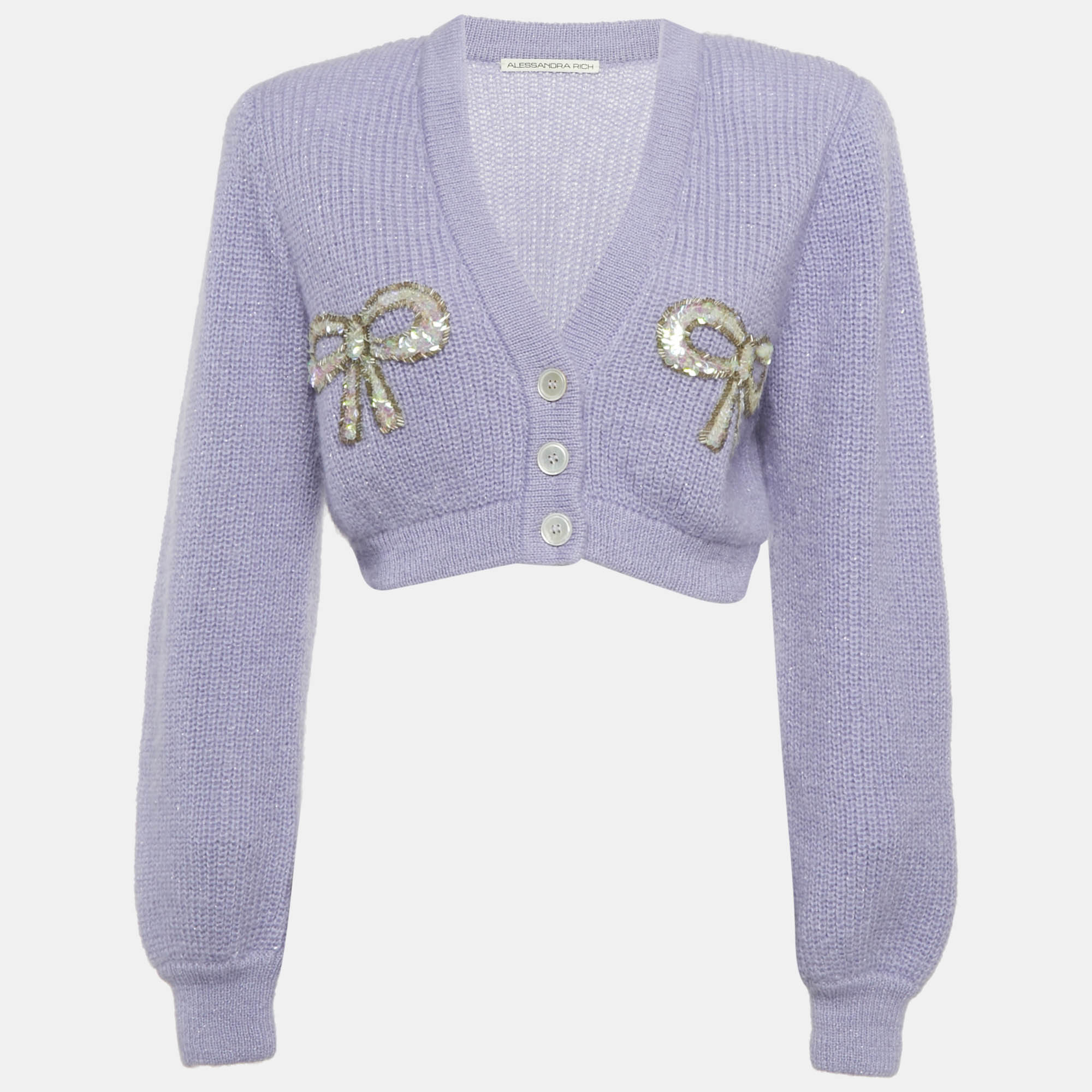

Alessandra Rich Purple Bow Embellished Wool Blend Cardigan S