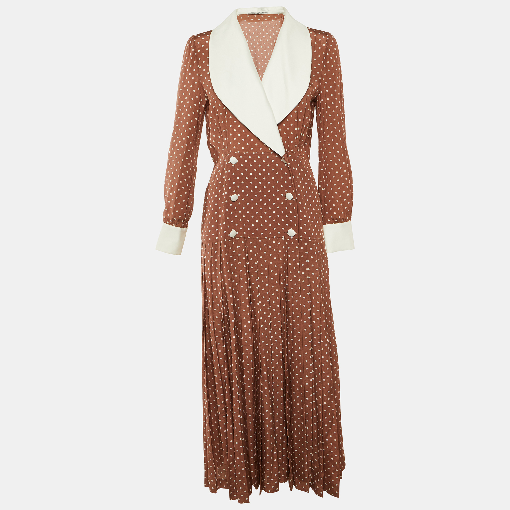Pre-owned Alessandra Rich Brown Polka Dot Silk Pleated Maxi Dress M