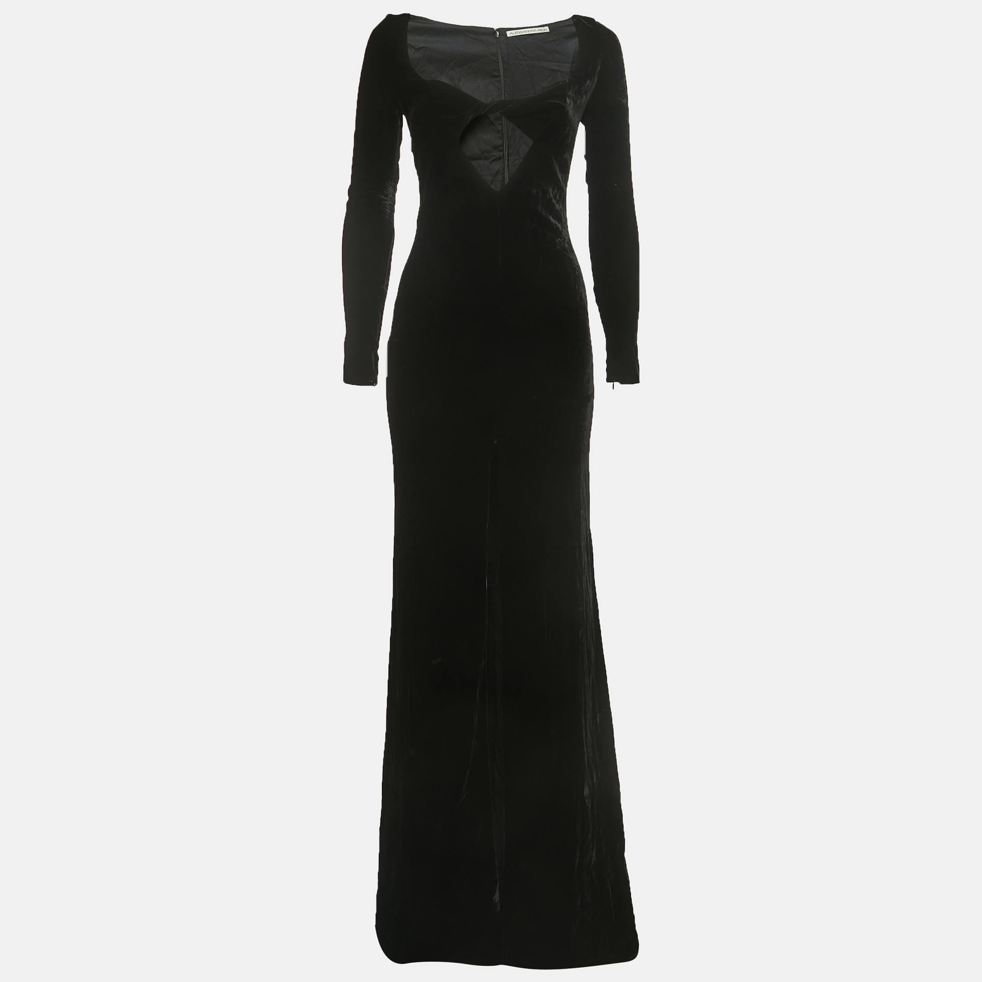 

Alessandra Rich Black Velvet Cut-Out Long Sleeve Slit Gown