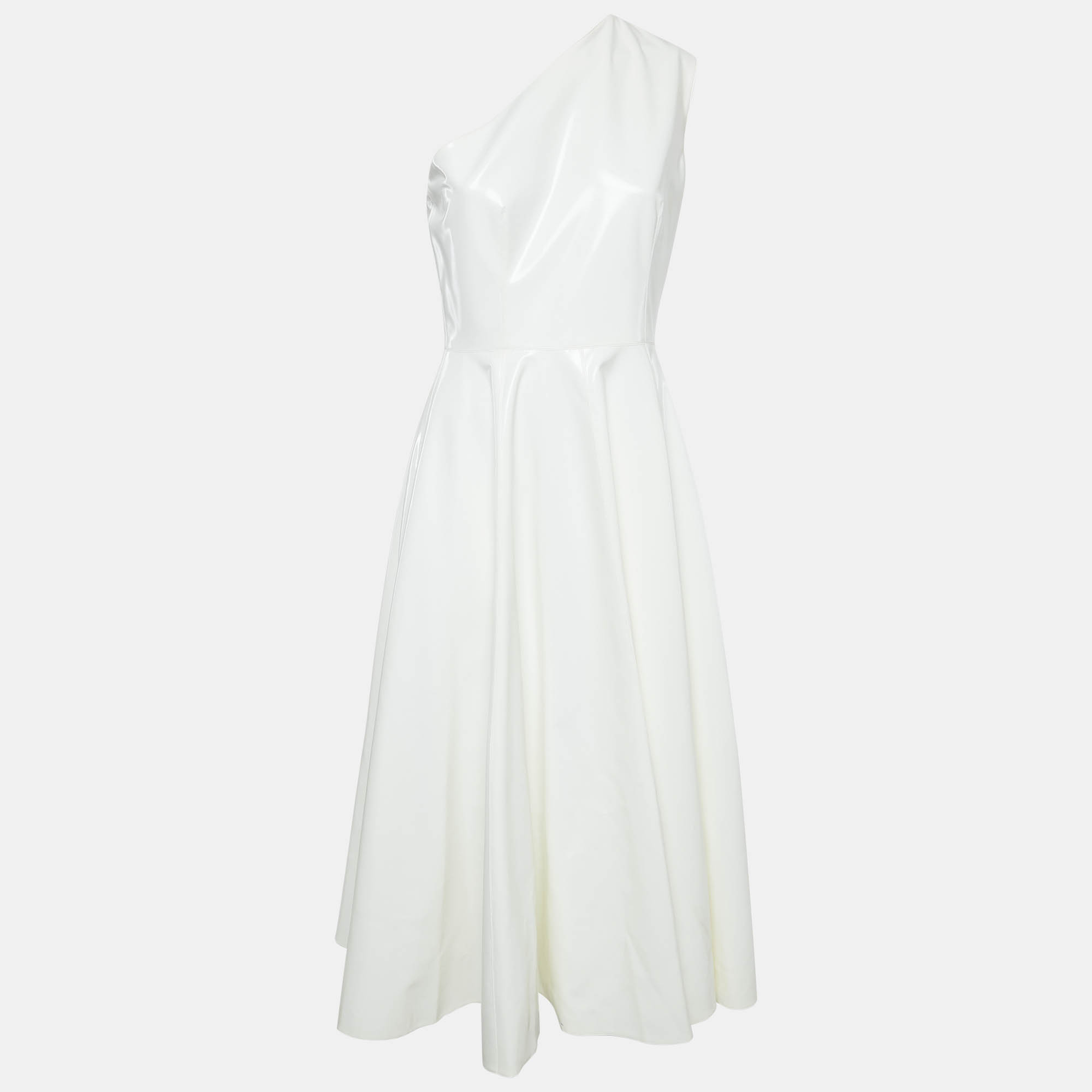 

Alex Perry White Faux Leather One Shoulder Flared Midi Dress M