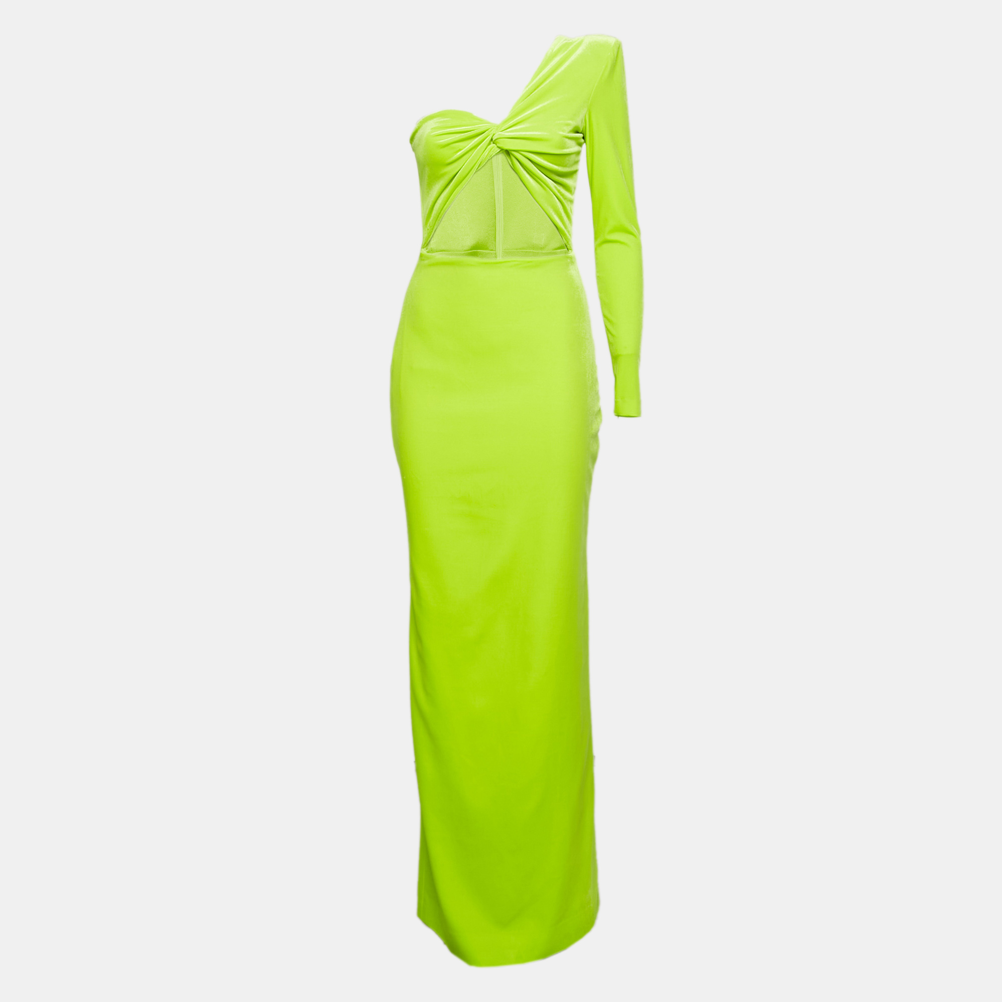 

Alex Perry Lime Green Velvet Cut-Out Detail One Shoulder Maxi Dress M