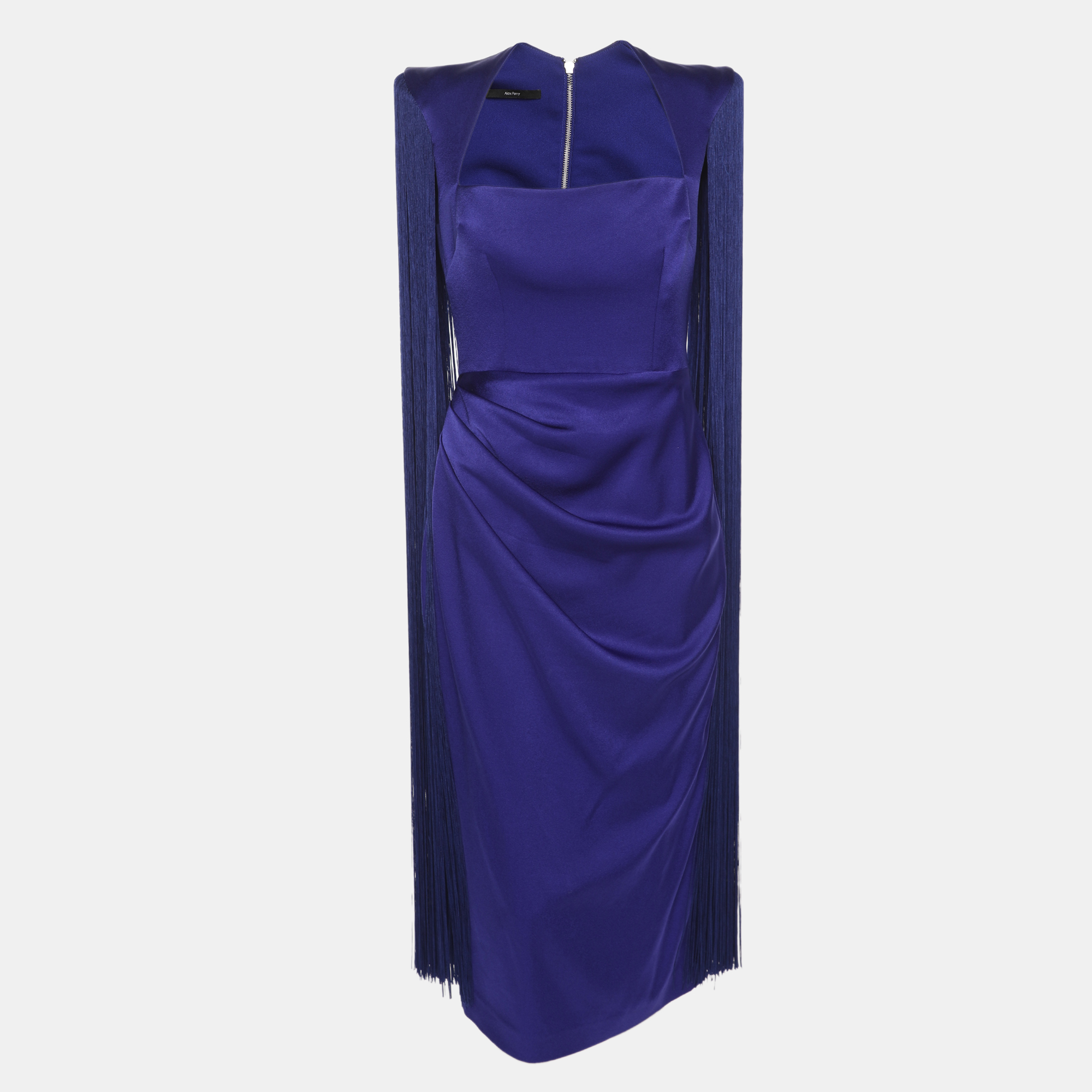 

Alex Perry Dallas Blue Satin Fringe Sleeveless Midi Dress L