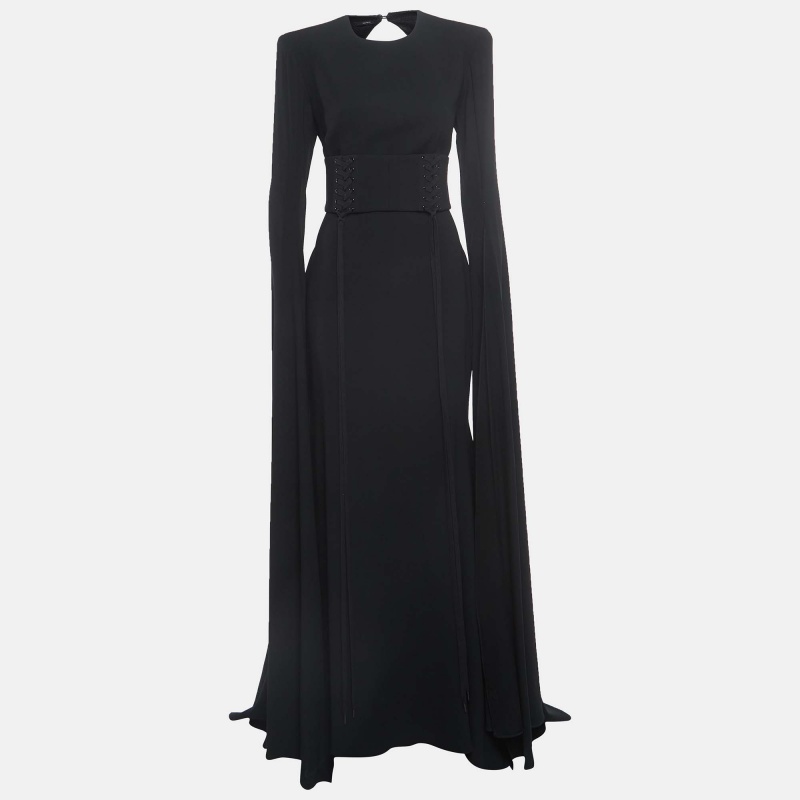 

Alex Perry Black Stretch Crepe Lace Up Belted Long Dress L