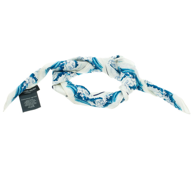 Alexander McQueen White Blue Hawks And Waves Print Cotton Square Scarf