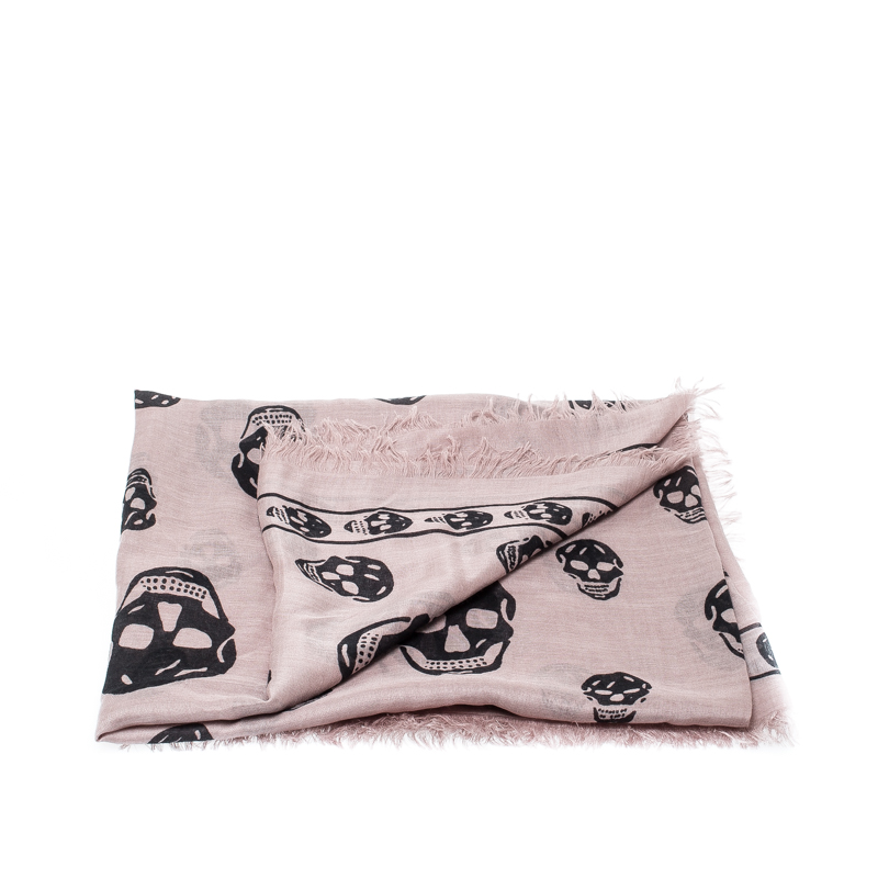 

Alexander McQueen Dusty Rose Skull Print Fringed Edge Scarf, Pink