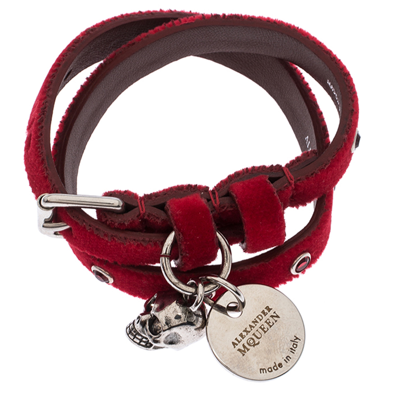 

Alexander McQueen Red Studded Velvet Double Wrap Skull Leather Bracelet