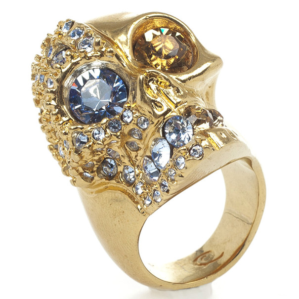 Pre Owned Alexander McQueen Golden Crystal Two-Faced Skull Cocktail Ring Size 55
