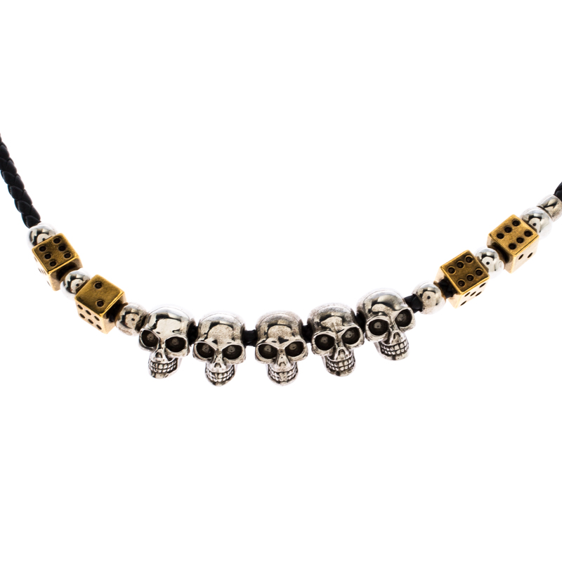 

Alexander McQueen Skull Dice Motif Black Woven Leather Necklace