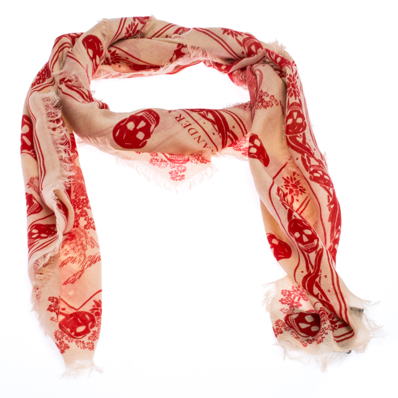 

Alexander McQueen Pale Pink Eve and Skull Print Fringed Scarf, Orange