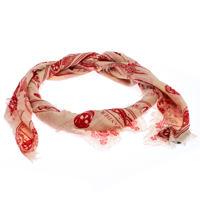Pre-owned Alexander Mcqueen Pale Pink Eve And Skull Print Fringed Scarf In Orange