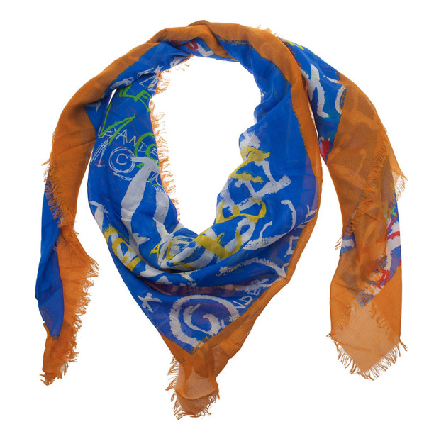 Pre Owned Alexander McQueen Blue Graffiti Skull Print Square Scarf