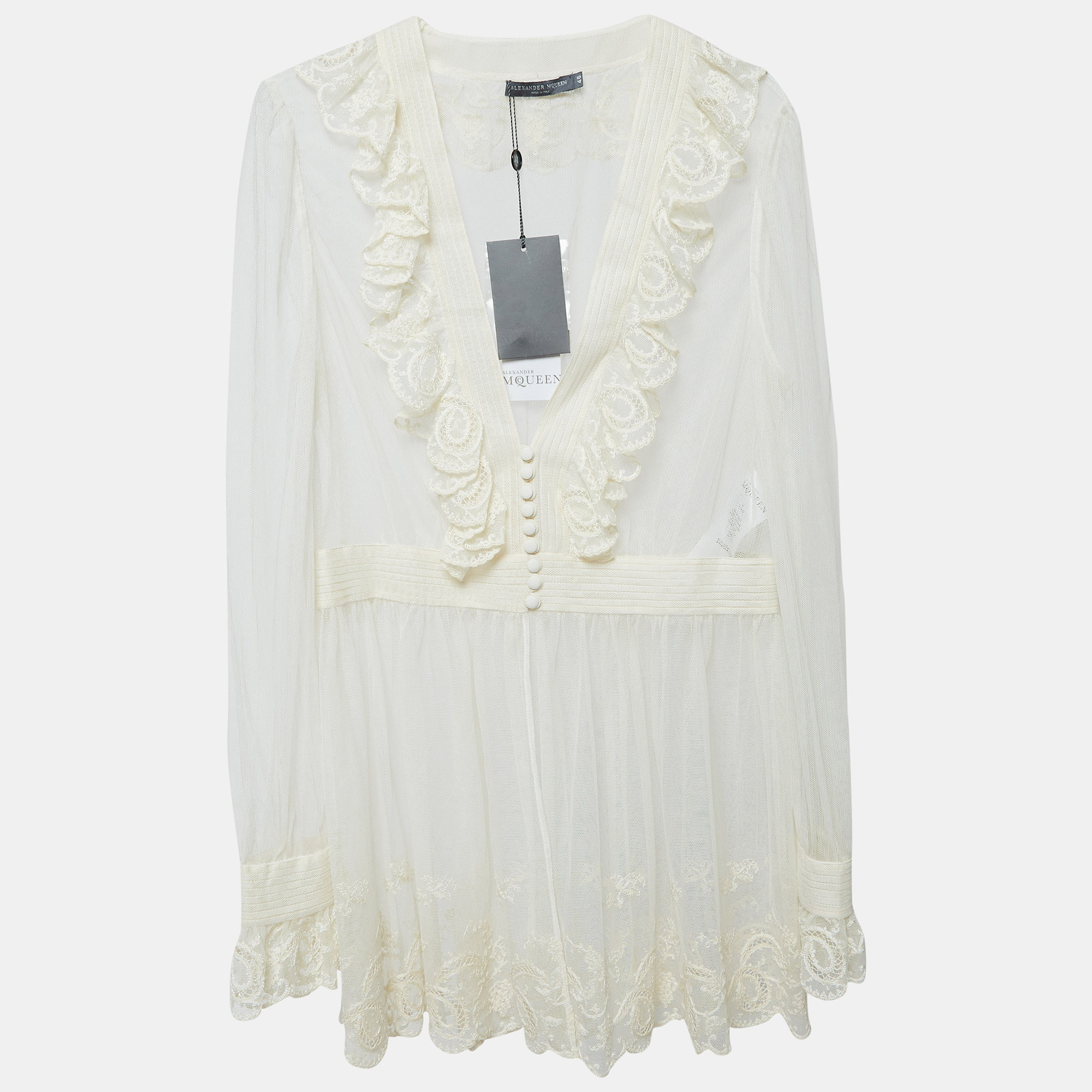

Alexander McQueen Off White Embroidered Tulle Sheer Tunic L